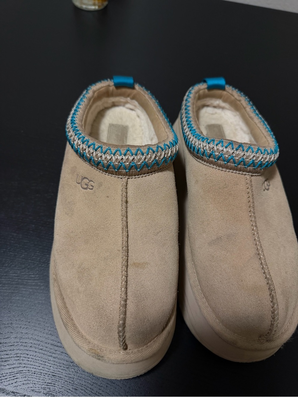 UGG Tan Suede Slip-On Clogs with Teal and Cream Trim